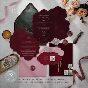 Vintage Moody Wedding Invitation Set | Dark Cherry Gothic Fantasy Invite | Red Floral Custom Cut Antique Style | Editable - Roxanne Set