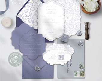 May include: A wedding invitation suite featuring a main invitation, RSVP card, details card, and envelopes in shades of blue and white. The invitation has a floral design and the names "Carmen" and "Jordan". Includes a wax seal, ring box, and wooden bowl.