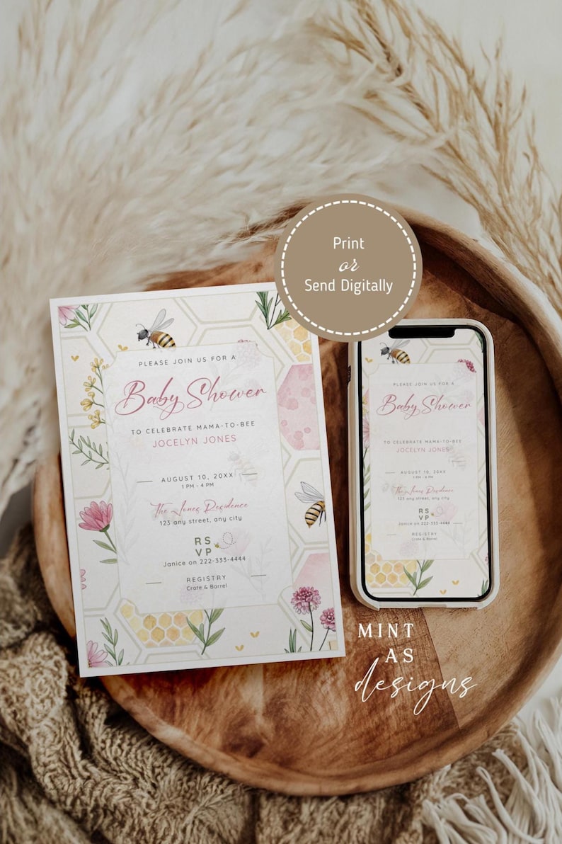 May include: Baby shower invitation with floral and honeycomb design. The invitation includes the text "Baby Shower" and details for Jocelyn Jones. A smartphone displays the same design. The words "Print or Send Digitally" are also present.