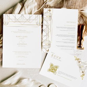 Plantillas de invitación de boda Art Déco / Suite formal de boda Gatsby Gold / Elegante tarjeta de RSVP y detalles de Canva / Invitación de boda vintage