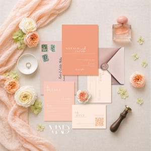 Plantilla de invitación de boda color melocotón / Conjunto minimalista editable en Canva / Boda moderna imprimible / Conjunto Florencia