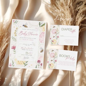 Baby Shower Invitation Template | Mama to Bee Honeycomb Invite | Editable Printable Floral Diaper Raffle & Book Card | CANVA