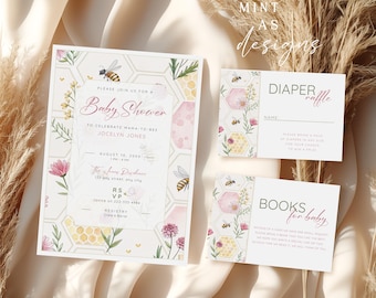 Baby Shower Invitation Template | Mama to Bee Honeycomb Invite | Editable Printable Floral Diaper Raffle & Book Card | CANVA