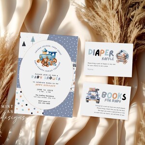 Baby Shower Invitation Set Template, Boy Baby Shower Invite, Teddy Bear Train Theme, Diaper Raffle Card, Books for Baby Insert, Editable