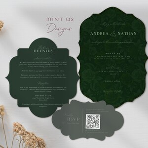 Peut inclure: Ensemble de faire-part de mariage vert fonc&eacute; avec motifs floraux, comprenant les noms "Andrea & Nathan" et les d&eacute;tails de l'&eacute;v&eacute;nement. Comprend une carte RSVP avec un code QR et une carte de d&eacute;tails. Sur fond blanc avec des fleurs s&eacute;ch&eacute;es.
