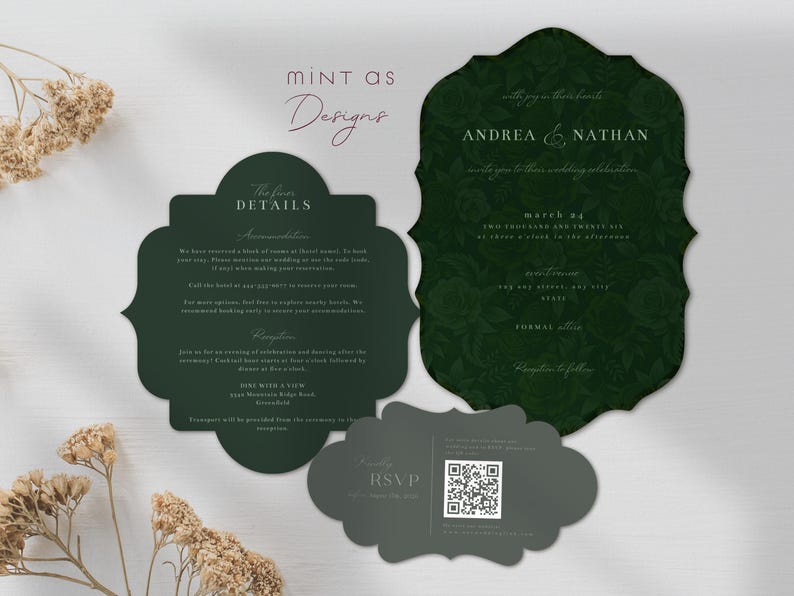 Peut inclure: Ensemble de faire-part de mariage vert fonc&eacute; avec motifs floraux, comprenant les noms "Andrea & Nathan" et les d&eacute;tails de l'&eacute;v&eacute;nement. Comprend une carte RSVP avec un code QR et une carte de d&eacute;tails. Sur fond blanc avec des fleurs s&eacute;ch&eacute;es.