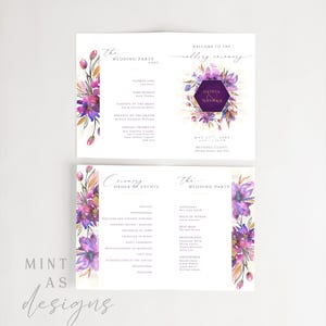 May include: A wedding program with a floral design in purple and pink hues. The program includes the names of the wedding party, ceremony details, and the couple's names, Olivia and Nathan, in a geometric shape.