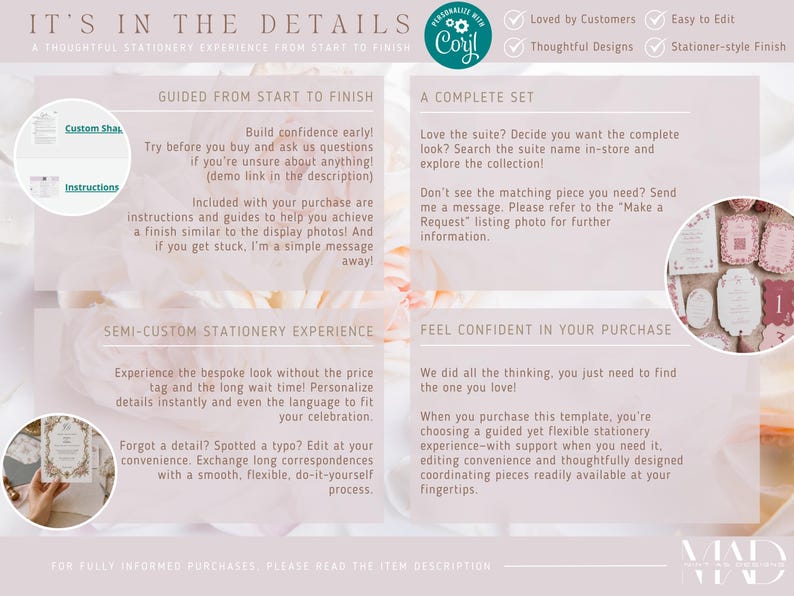 K&ouml;nnte beinhalten: Ein hellrosa und wei&szlig;es Schreibwaren-Template mit dem Text &bdquo;IT'S IN THE DETAILS&ldquo;. Das Bild hebt Funktionen wie einfache Bearbeitung, durchdachte Designs und ein Finish im Schreibwarenstil hervor. Es erw&auml;hnt auch ein semi-angepasstes Schreibwarenerlebnis.