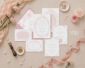 Toile Wedding Invitation Suite Template, Pink Floral Wedding Invite, French Toile Invitation, Blush Elegant Garden Wedding