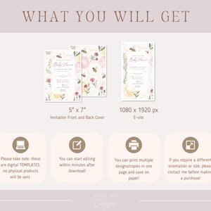 May include: An image showcasing digital baby shower invitation templates. The design includes a 5" x 7" invitation front and back cover, and a 1080 x 1920 px e-vite. The design features bees, flowers, and honeycomb patterns. Text includes "Baby Shower".