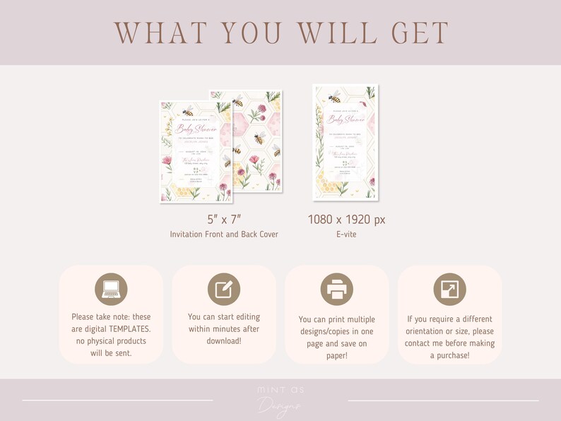 May include: An image showcasing digital baby shower invitation templates. The design includes a 5" x 7" invitation front and back cover, and a 1080 x 1920 px e-vite. The design features bees, flowers, and honeycomb patterns. Text includes "Baby Shower".