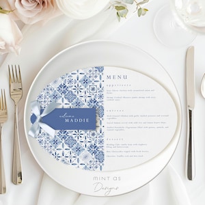 Santorini Blue Wedding Menu & Place Card | Mediterranean Tile Oval Template | Editable Guest Name Escort | Coastal Reception Printable | DIY