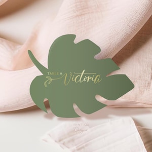 Gepersonaliseerde bladplaatskaart, gouden kalligrafie bruiloft naamkaart, tropisch tafeldecor, minimalistische groene zitplaatskaart, elegante receptie