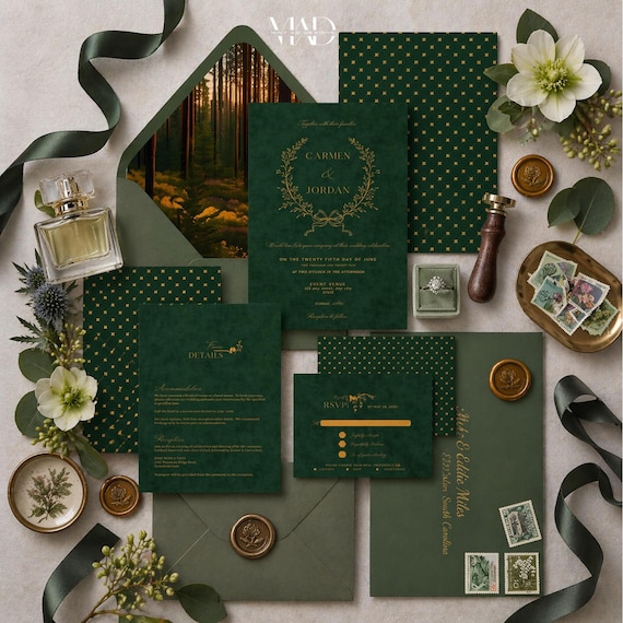 Forest Wedding Invitation Suite Template, Emerald Green Wedding Invite, Moody Elegant Wedding Set, Woodland Rustic Wedding, Editable
