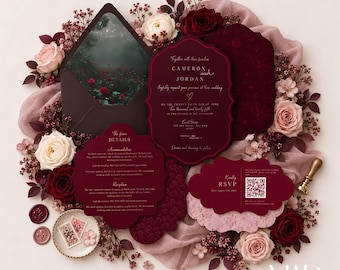 May include: A wedding invitation suite featuring deep burgundy cards with ornate scalloped edges, including a main invitation, details card, and RSVP card with a QR code. The set includes a dark envelope with a floral liner, wax seals, and stamps.