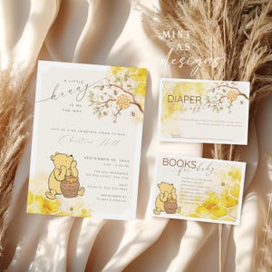 Little Hunny Baby Shower Invitation Set, Bee Baby Shower Invite, Honeycomb Shower Template, Diaper Raffle & Books for Baby, Editable Canva