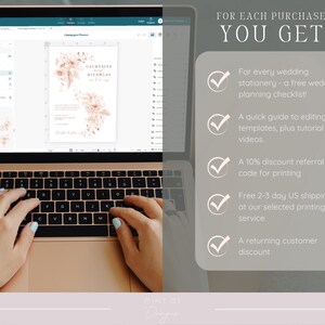 May include: A laptop displays a wedding invitation template with floral accents. The screen shows the text "Catherine & Nicholas". The image also includes a list of benefits: a free wedding planning checklist, editing guide, discount code, and returning customer discount.