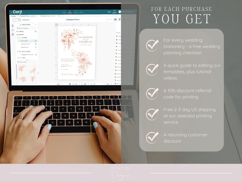 May include: A laptop displays a wedding invitation template with floral accents. The screen shows the text "Catherine & Nicholas". The image also includes a list of benefits: a free wedding planning checklist, editing guide, discount code, and returning customer discount.