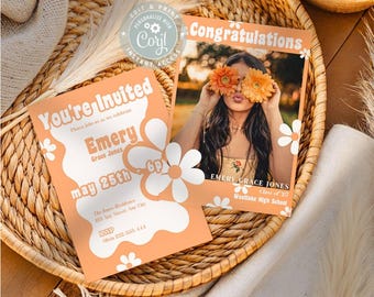Graduation Invitation Template with Photo, Retro Floral Grad Party Invite, Editable Graduation Announcement, Senior Photo Invite