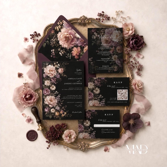 Dark Romantic Floral Wedding Invitation Suite, Moody Garden Invite Template, Plum Gothic Wedding Stationery | Yvette Suite