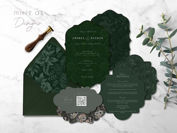 Dark Green Gothic Wedding Invite Template | Vintage Baroque RSVP & Details | Corjl Moody Floral Suite | Fantasy Editable Wedding Set