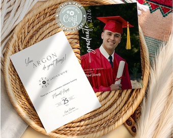 Afstudeeruitnodiging scheikunde, Science Grad-feestuitnodiging, BSc Graduate aankondiging, biochemie graad bewerkbare kaart STEM-viering