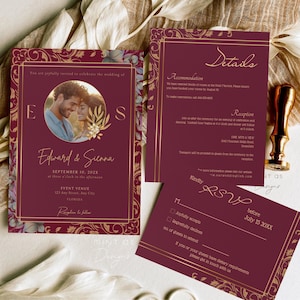 Bourgondische gouden bruiloft uitnodiging sjabloon | Elegante canvas uitnodigingsset met reactie en details | 4-delige afdrukbare suite bewerkbare fotokaart