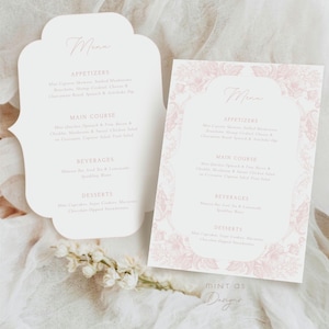 Puede incluir: Dos tarjetas de menú de boda imprimibles con un diseño floral rosa. El texto en las tarjetas dice "Menú", "Aperitivos", "Plato principal", "Bebidas" y "Postres".