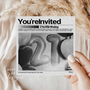 Sjabloon voor 21e verjaardagsuitnodiging Weeknd geïnspireerd | House of Balloons feest e-vite | Digital Milestone Invite 5 x 5 vierkant zwart-witthema