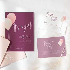 Girl Baby Shower Invitation Set | Pink Mauve Minimal Template with Diaper Raffle, Books for Baby & Thank You | Polka Dot Back Design