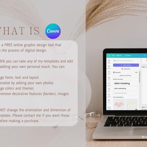 May include: A laptop displaying a Canva design interface with the text "Be my bride" on the screen. The image includes text explaining Canva's features, such as changing fonts and adding photos. The overall theme is digital design and templates.
