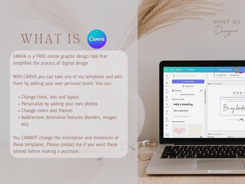 May include: A laptop displaying a Canva design interface with the text "Be my bride" on the screen. The image includes text explaining Canva's features, such as changing fonts and adding photos. The overall theme is digital design and templates.