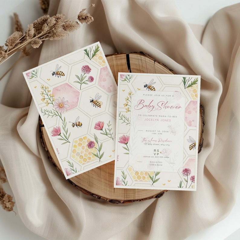May include: Two baby shower invitations with a bee and honeycomb theme. The invitations feature watercolor illustrations of bees, pink flowers, and honeycomb patterns. One invitation includes the text "Baby Shower" and event details.