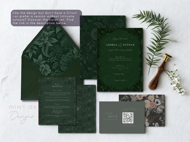 Peut inclure: Ensemble de faire-part de mariage vert fonc&eacute; avec motifs floraux. Comprend une invitation, une carte RSVP avec code QR, une carte de d&eacute;tails et une enveloppe. Le texte sur l'invitation indique "Andrea & Nathan". Le texte dans l'image dit "Like the design but don't have a Cricut".