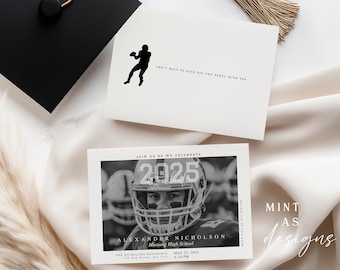 d'invitation de remise des diplômes de football | Invitation modifiable à une fête des diplômés avec photo | Design sport noir et blanc | Promotion 2026 | Imprimable
