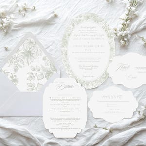 Oval Olive Toile Wedding Invitation Suite, Vintage Wedding Invite, Floral Chinoiserie Green Wedding Invitations, Garden Wedding | OTDJ01