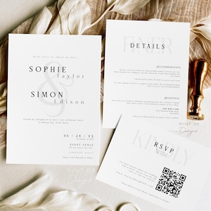 Minimal Wedding Invitation Suite Template | Elegant Black and White RSVP & Details Cards | Editable Invite Set | Modern Digital Download