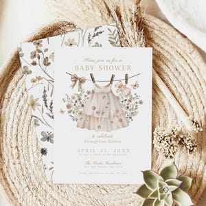 Boho Baby Shower Invitation Girl Template | Wildflower Baby Shower Evite | Neutral Beige Floral Baby Shower Invite | Editable Download