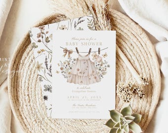 Boho Baby Shower Invitation Girl Template | Wildflower Baby Shower Evite | Neutral Beige Floral Baby Shower Invite | Editable Download