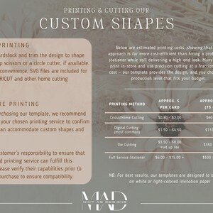 Peut inclure: Graphique informatif sur l'impression de formes personnalis&eacute;es. Le texte d&eacute;taille les options d'impression &agrave; domicile et en magasin, avec des co&ucirc;ts estim&eacute;s par carte et pour 75 cartes. Le design est destin&eacute; au papier d'invitation blanc ou clair.