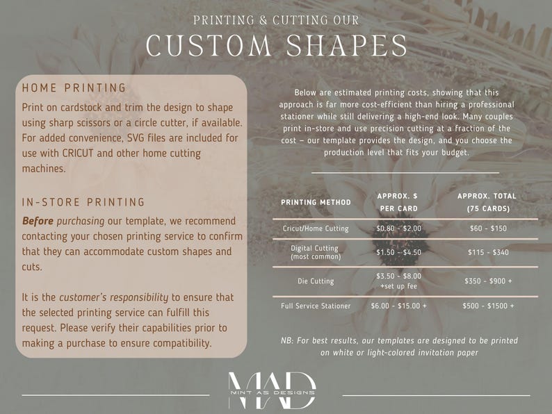 Peut inclure: Graphique informatif sur l'impression de formes personnalis&eacute;es. Le texte d&eacute;taille les options d'impression &agrave; domicile et en magasin, avec des co&ucirc;ts estim&eacute;s par carte et pour 75 cartes. Le design est destin&eacute; au papier d'invitation blanc ou clair.