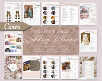 May include: A digital wedding planner template set featuring a vintage floral design on a dusty rose background. The collection includes editable pages for ceremony decor, bridesmaid details, reception planning, color palettes, and wedding cake info.