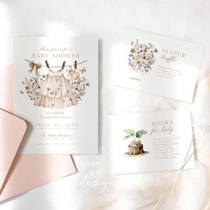 Boho Wildflower Baby Shower Invitation Girl | Editable Digital Template with Evite | Beige Floral Baby Shower Cards with Inserts