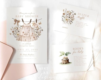 Boho Wildflower Baby Shower Invitation Girl | Editable Digital Template with Evite | Beige Floral Baby Shower Cards with Inserts