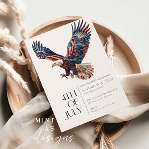Plantilla de invitación del 4 de julio con águila patriótica / Invitación imprimible para fiesta de barbacoa del Día de la Independencia / Descarga editable de Evite CANVA