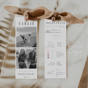 May include: A bridesmaid proposal card featuring a black and white photograph of two women. The card reads "Carlie, will you be my bridesmaid?" and provides details about the wedding, including the date, location, and dress code.