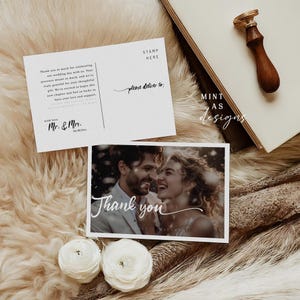 Plantilla moderna de postal de agradecimiento con foto / Nota de agradecimiento de boda minimalista imprimible / Nota de agradecimiento de pareja editable, descarga instantánea, escrita a mano