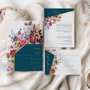 Juwel Ton Hochzeit Einladung Set, Garten Hochzeit Einladen Vorlage, Buntes Blumen Einladung Set, Dunkel Moody Hochzeitseinladung | JTGP01