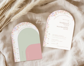 Wildflower Arch Wedding Invitation Template, Floral Printable Suite, Elegant Stackable Set, Boho Wedding Invite | Custom Cut Template