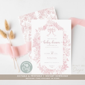 Pink Toile Flora Baby Shower Invitation Set, Vintage Invite, Floral Chinoiserie Blush Baby Shower, Victorian Baby Shower | PTDJ02
